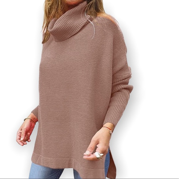 Tan slouchy knitted cowl neck sweater - Picture 3 of 3